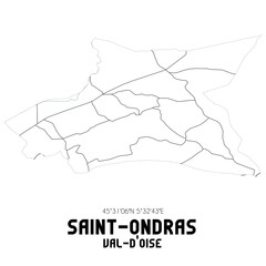 SAINT-ONDRAS Val-d'Oise. Minimalistic street map with black and white lines.