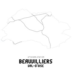 BEAUVILLIERS Val-d'Oise. Minimalistic street map with black and white lines.