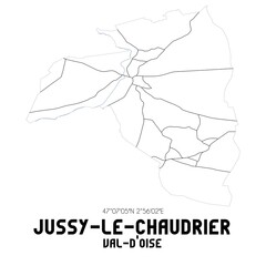 JUSSY-LE-CHAUDRIER Val-d'Oise. Minimalistic street map with black and white lines.