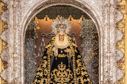 The Virgin of Hope of Macarena, Virgen de la Esperanza de Macarena de Sevilla, La Macarena, Catholic Blessed Virgin Mary, inside Basilica de la Macarena in Seville, Spain