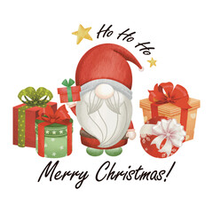 Let's celebrate Christmas with Santa Gnome and presents. Banner Christmas. Watercolor Vector illustration. Seasonal Christmas flat design. For poster, print, menu design, greeting card