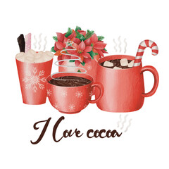 Cocoa drink in a red mug on Christmas night. Banner Christmas. Watercolor Vector illustration. Seasonal Christmas flat design. For poster, print, menu design, greeting card
