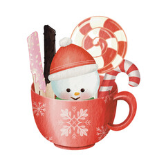 Cute snowman in a mug with sweets.  Hand drawn vector illustration watercolor cute gnome banner design. Xmas design for holidays decoration, greeting cards, gift tags, t-shirt
