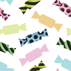 Seamless sweet candy wrapper pattern. Simple style on a white background. Vector illustration. Hand drawn design is perfect for textiles, fabrics, wallpaper or gift wrap.