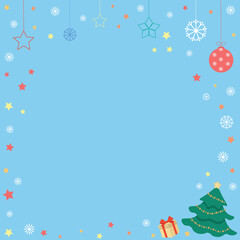 Fototapeta na wymiar Blue Christmas background: Christmas tree, gift, stars, snowflakes, flat vector