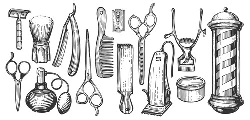 Set retro barbershop tools and items. Shaving and hairdressing concept. Beauty saloon vintage illustration