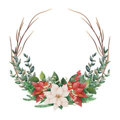 Watercolor Christmas floral frame or winter floral wreath consisting of flowers, leaves and branches. Frame vignette with a bouquet of flowers. Crown and Arch. Suitable for holiday invitation cards