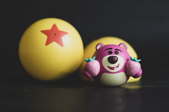 Samut Prakan, Thailand - November 13, 2022 : Toy of Lotso story collection wobbling figure model from Miniso Thailand, in the concept of rolling ball.