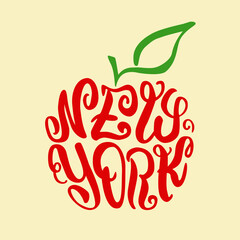 Red Apple New York Calligram. Hand Draw Lettering. Typography Words New York on Form Silhouette Apple. Art Print Design for t-shirt. Vector illustration. 