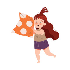 Naughty Little Girl Pillow Fighting Making Mess and Chaos Around Vector Illustration