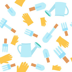 Seamless pattern garden tools watering can, shovels, rakes and gloves. Ornament for textiles, packaging, background design in cartoon style.