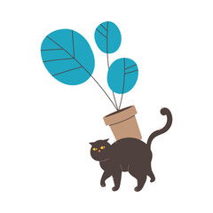 Fluffy Black Cat or Tabby Dropping Pot with Flower Vector Illustration