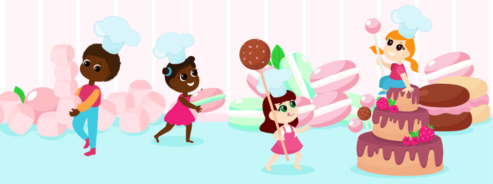 Group of international children near huge cake sweets, macaroons and marshmallows, candy pop. Humorous illustration of children's love for sweets.
