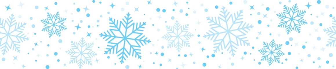 snowflake seamless border, repeat backdrop with blue snowflake and star confetti, Christmas banner template isolated on transparent background, PNG, cilp art