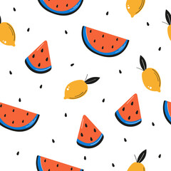 Hand drawn watermelon and watermelon seamless pattern. Vector illustration
