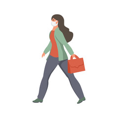 A woman with a mask on her face walks. Flat vector illustration
