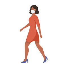 Fototapeta na wymiar A woman with a mask on her face walks. Flat vector illustration