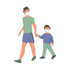 Father and son are walking with masks on their faces.  Flat vector illustration