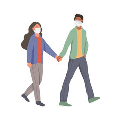 A couple with masks on their faces are walking.  Flat vector illustration