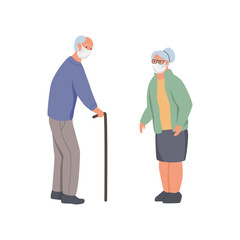 An elderly couple with masks on their face are walking.  Flat vector illustration
