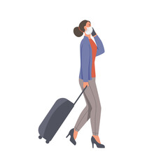 A woman with a mask on her face walks. Flat vector illustration