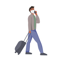 A man with a mask on his face walks. Flat vector illustration