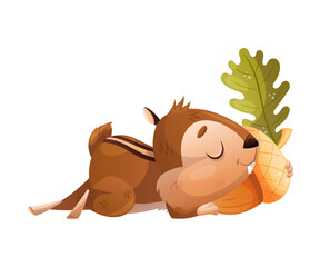 Funny Chipmunk Character with Cute Snout Sleeping with Acorn Vector Illustration