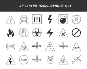 A set of linear danger icons. Radiation signs, lightning, chemicals. Isolated illustrations.