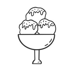 Ice cream balls in cream with topping. hand drawn doodle style.
