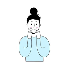 The girl applies cream on her face. Facial care.Line drawn doodle character.