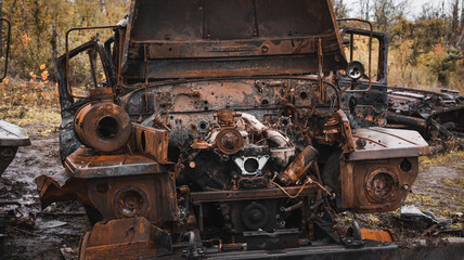 War in Ukraine, destroyed military truck, front view, Izyum Kharkiv region
