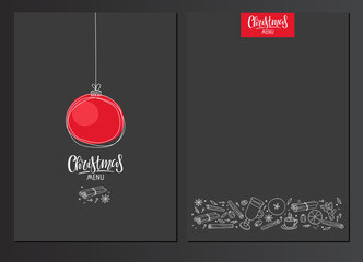 Christmas menu template with red Christmas ball, Calligraphy lettering, food and drink doodle sketch. Two sides. Special Christmas restaurant bistro menu design. Flat vector illustration on black