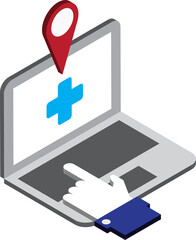 laptop and hospital illustration in 3D isometric style