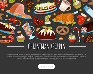 Christmas Holiday Dish Recipe Banner Design with Turkey, Muffin, Cookie and Candy Cane Vector Template