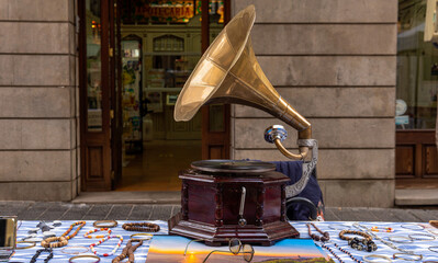 Antique gramophone exhibited in a street stall