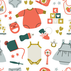 Seamless pattern with different products for newborn babies. Toys, feeding supplies and clothes. Print, fabric, wrapping paper etc. Cute design in trendy colors. Hand drawn vector illustration.
