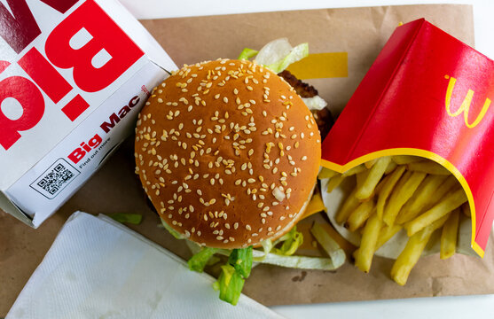 London. UK- 01.28.2021. A real life Big Mac and medium fries from a McDonald's restaurant.
