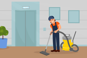 Woman professional cleaner in uniform vacuuming floor in office. Cleaning service company staff flat vector