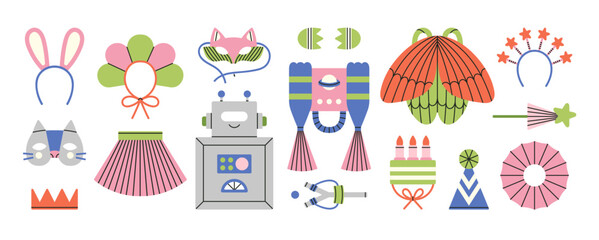 Set with children's handmade costumes - robot, fairy, princess, butterfly, fox etc. Games, fun, theater and Halloween concept. Hand drawn vector illustration isolated on white background. Cute style.