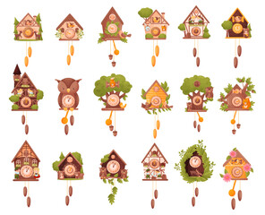 Wooden Cuckoo Clock with Pendulum Hanging on Wall Big Vector Set