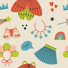 Seamless pattern with children's handmade costumes - bird, fairy, princess, butterfly, cat etc. Games, fun, theater and Halloween concept. Hand drawn vector illustration. Cute style.