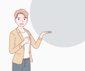 smile short hair business woman wearing a suit pointing her finger at the other hand that lifting and open hand palm showing copy space for text. hand drawn with thin lines style.