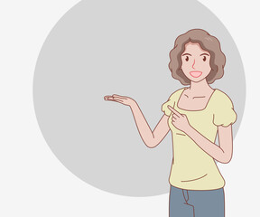 smile curly hair woman wearing a t-shirt pointing her finger at the other hand that lifting and open hand palm showing copy space for text. hand drawn with thin lines style.