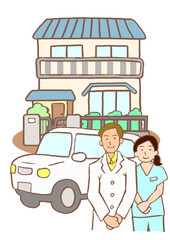 患家を訪問する往診医と訪問看護師と車のイラスト