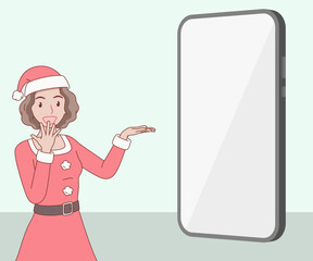 smiling curly hair woman in red santa claus outfit open hand palm point to phone. girl looked excited and surprised. merry christmas and new year. hand drawn with thin lines style.