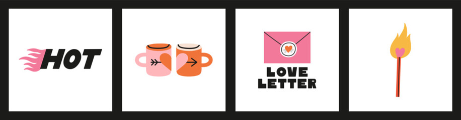 Posters set with love attributes. Love flame, romantic letter, cups for couple. Hot design for St. Valentines day. Hand drawn vector illustrations in nice colors. Prints, greeting cards design.