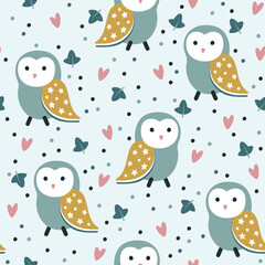 Seamless pattern with cute hand drawn owls, hearts and leaves. Vector illustration.
