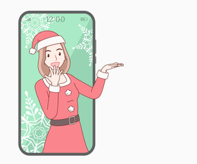 smiling long hair woman in red santa claus outfit comes out of phone open hand palm showing copy space for text. girl looked excited and surprised. merry christmas and new year.