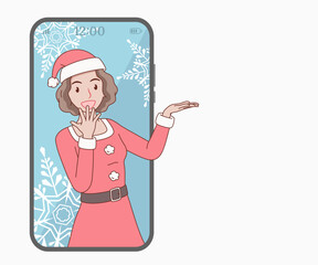 smiling curly hair woman in red santa claus outfit comes out of phone open hand palm showing copy space for text. girl looked excited and surprised. merry christmas and new year.
