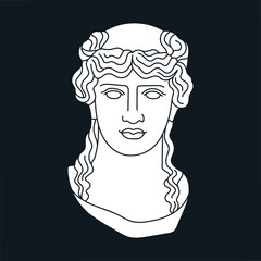 Poster with a mythological hero's head in marble. Ancient Greek or Roman sculpture style. Hand drawn vector illustration isolated on black background. Museum and art concept.